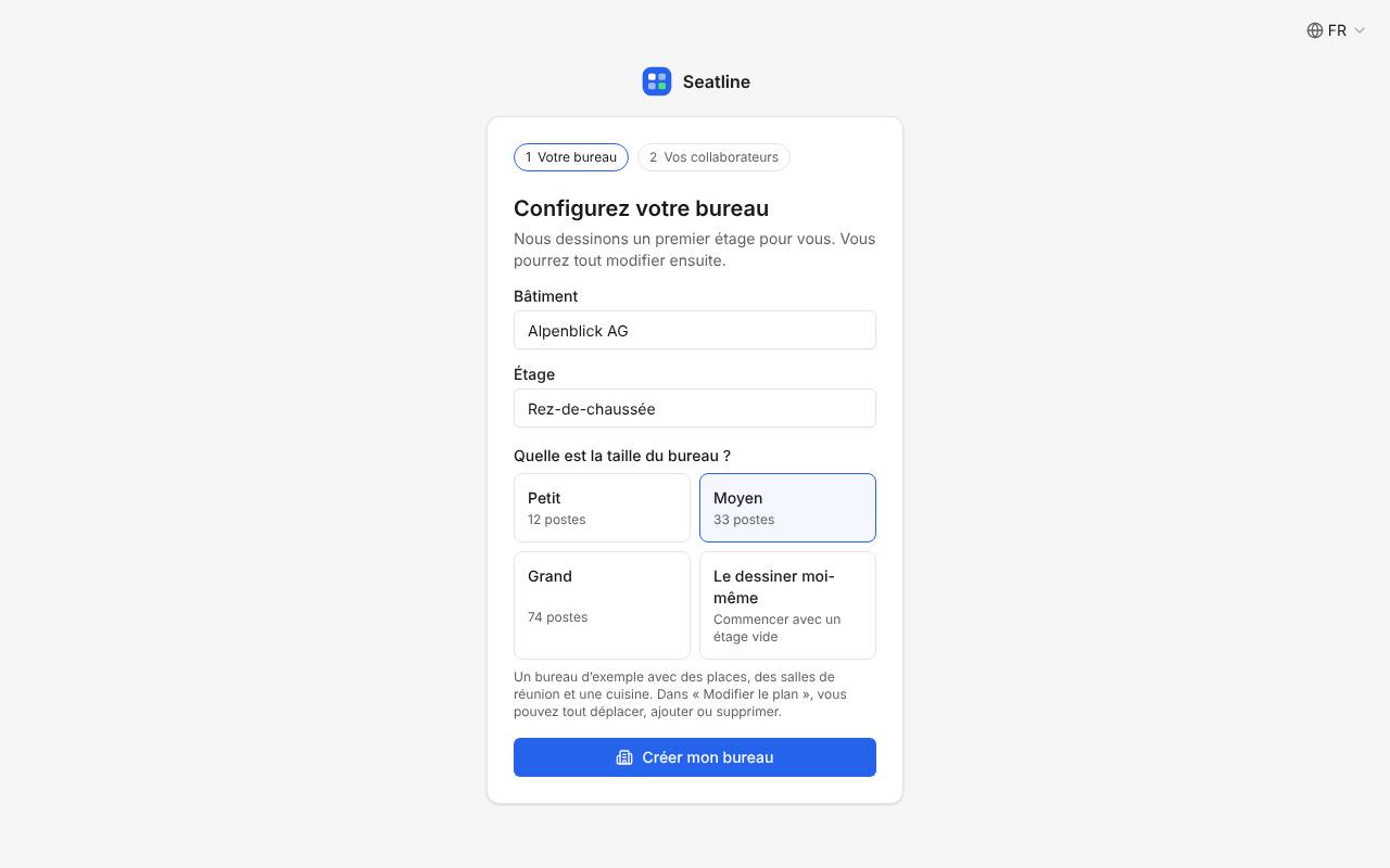 La page de configuration : bâtiment, premier étage et taille du bureau d’exemple.