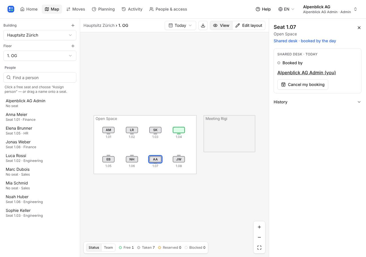 The map with a shared desk booked for today and the booking on the right.