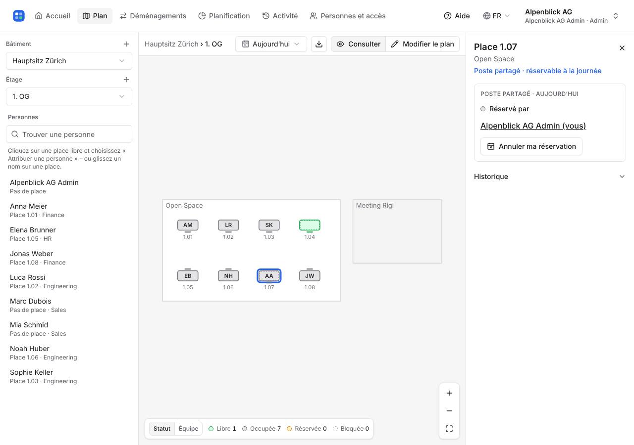 Le plan avec un poste partagé réservé pour aujourd’hui et la réservation à droite.